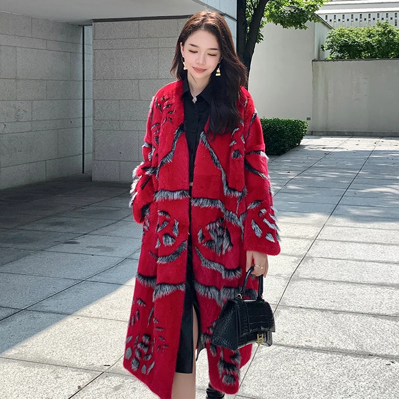 「卡密尔」新款进口气质天鹅绒水貂皮草外套女整貂长款貂皮大衣C3