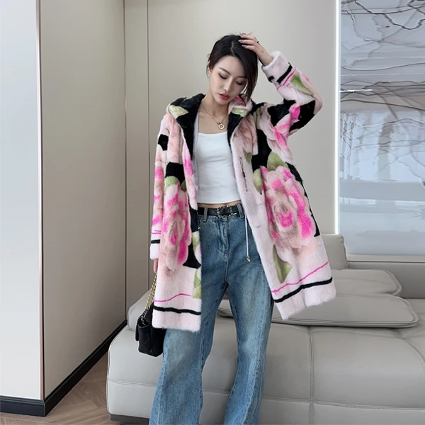 白日芳菲【BRFF】手工定染印花水貂皮草外套女装连帽貂皮大衣女c13