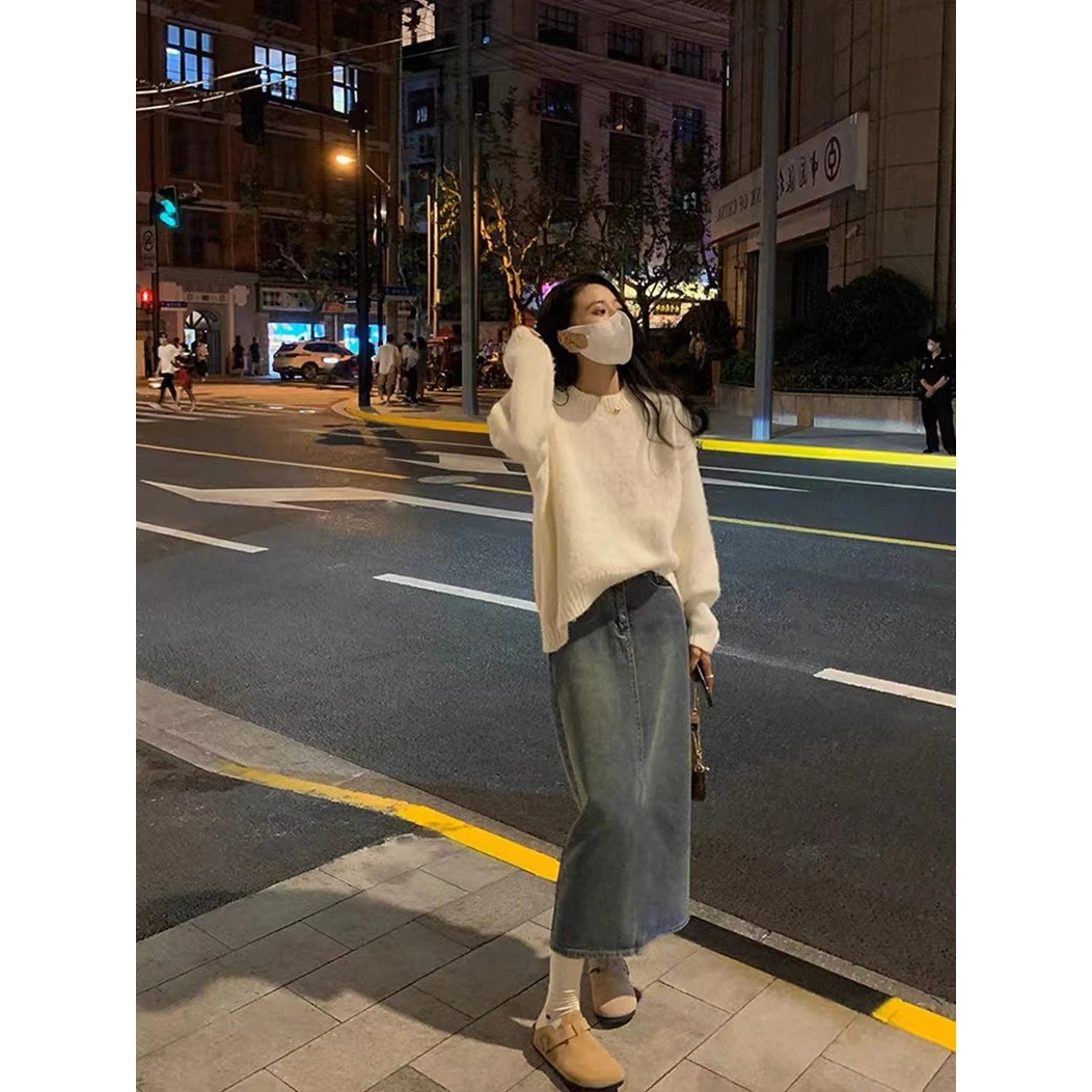 24596新款韩版高腰复古蓝牛仔半裙【裙长81】3761卡码拍大