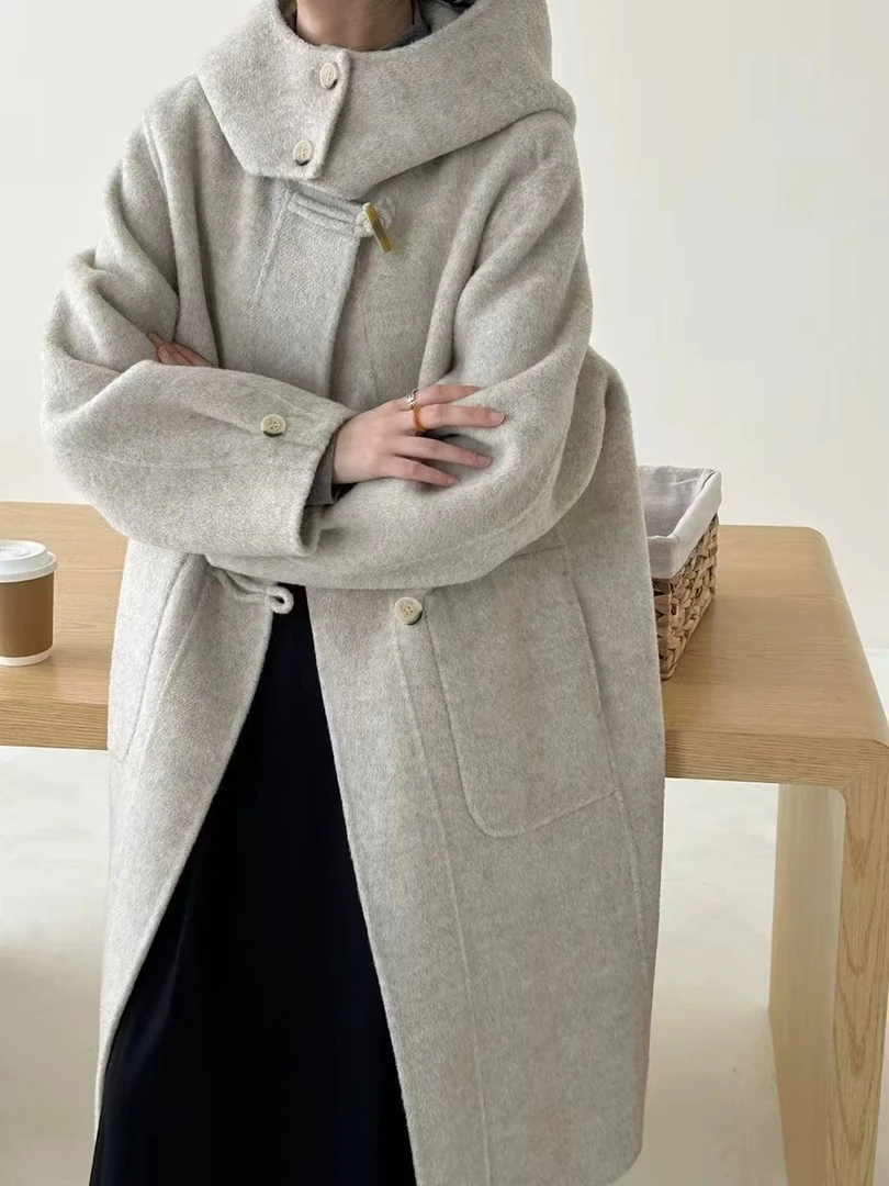 27055极简风高品质显瘦牛角扣大衣外套（衣长106）