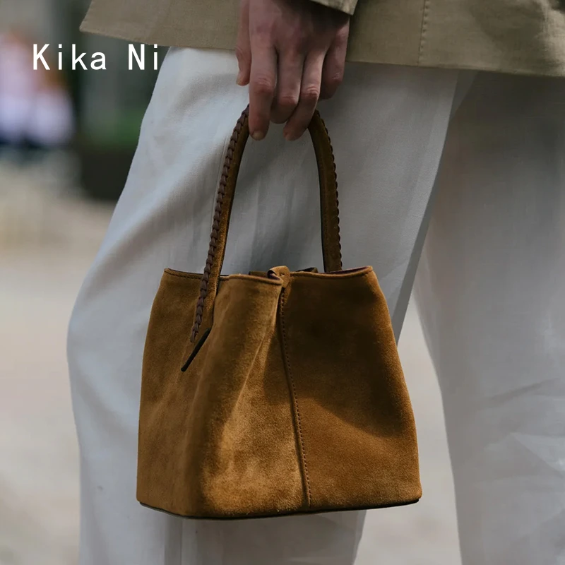 kikani小众复古麂皮菜篮子包编织手提小包女水桶包斜挎包秋冬双11