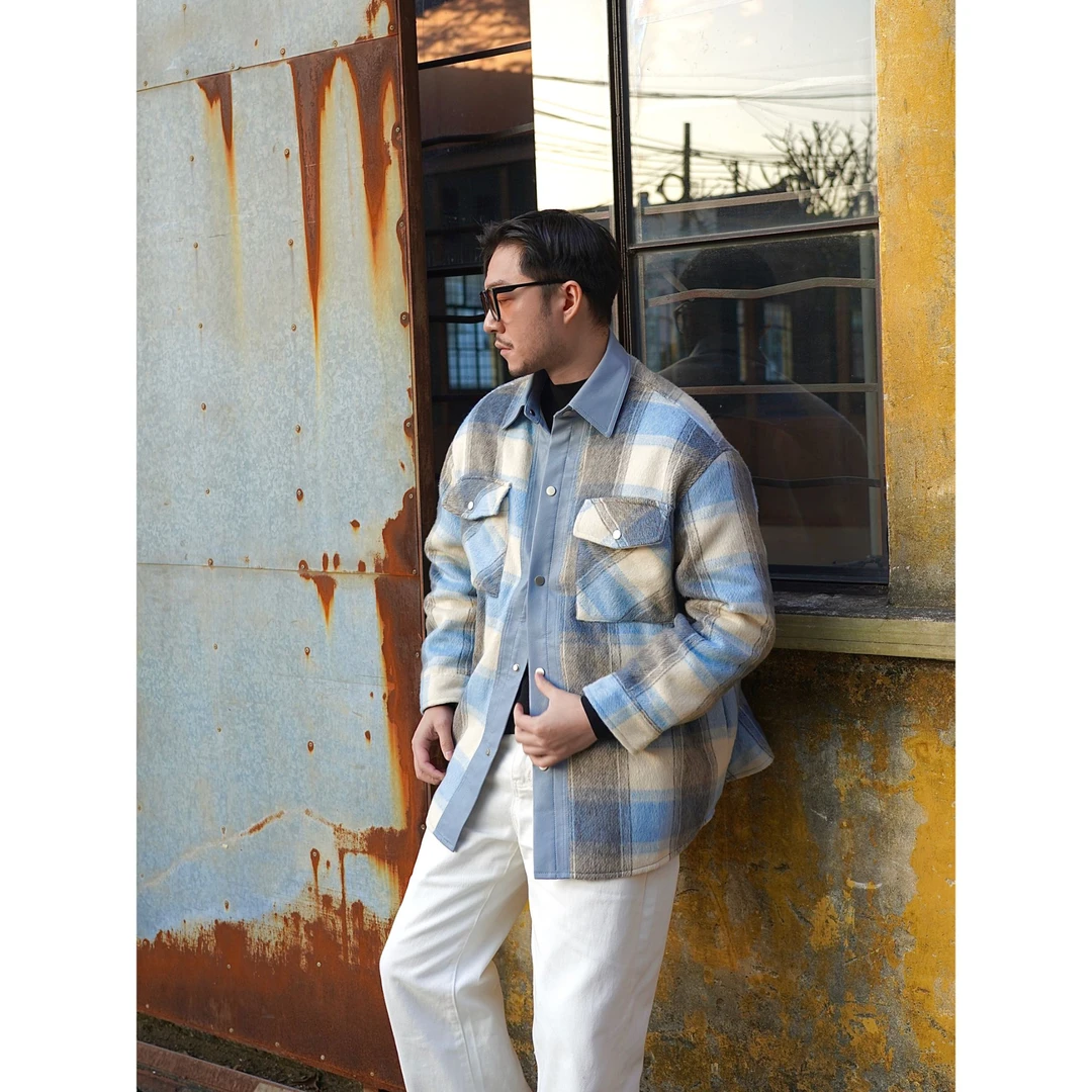 男士三色格子毛呢格宽松版型拼接衬衣棉服清货