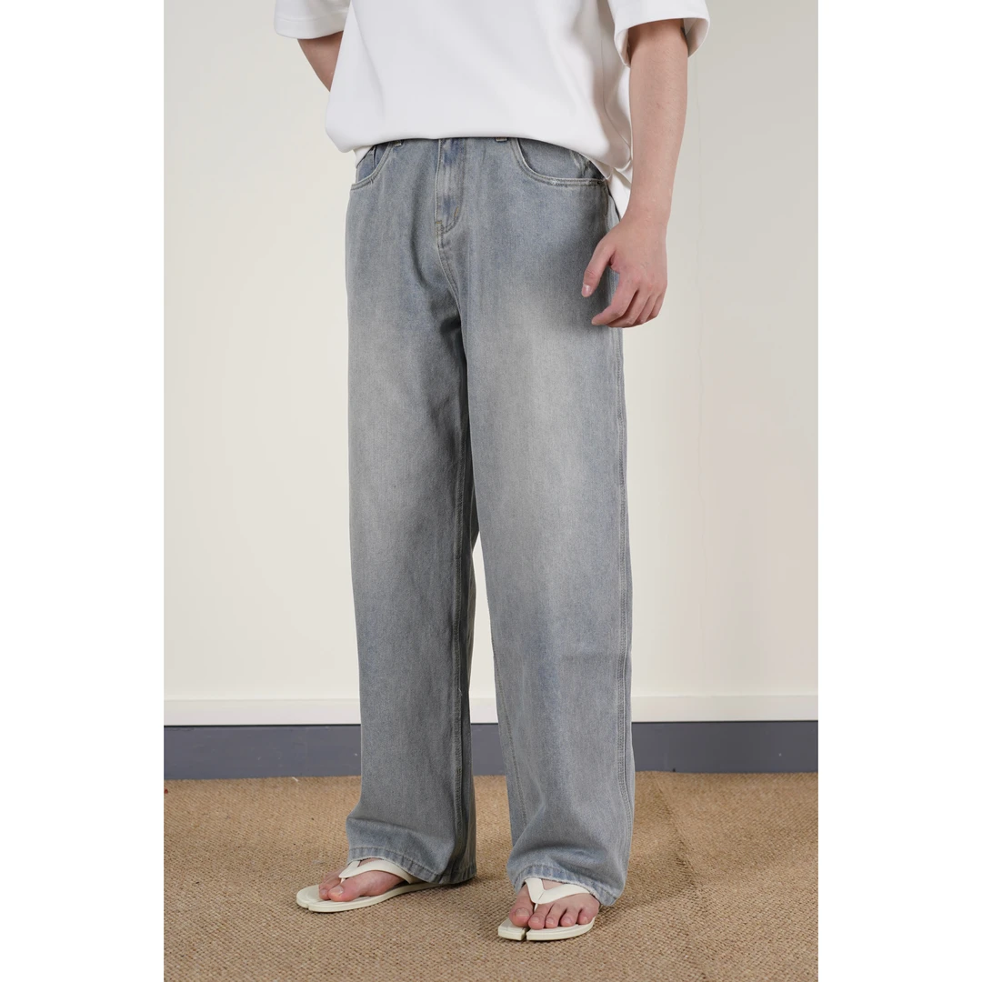 美式直筒微喇男士牛仔裤水洗做旧宽松复古蓝灰裤子清货