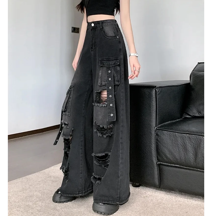 美式工装阔腿牛仔长裤新款高腰气质黑色宽松裤子秋季复古破洞高街