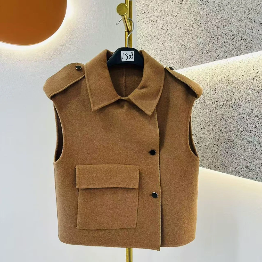 L303【100羊毛】2024新款女士短款羊毛时尚西装领宽松无袖坎肩马甲
