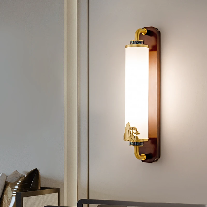 新中式全铜实木珐琅彩壁灯国风客厅卧室书房茶室背景墙走廊过道灯