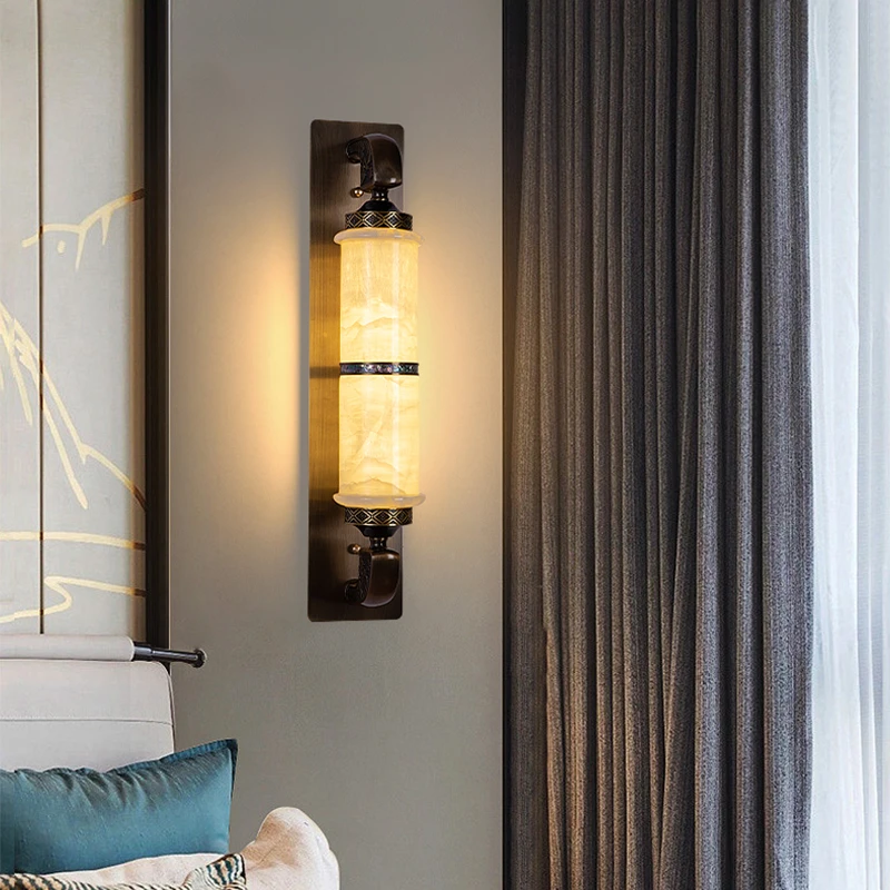 新中式全铜壁灯天然玉石灯中国风客厅背景墙灯禅意书房卧室床头灯