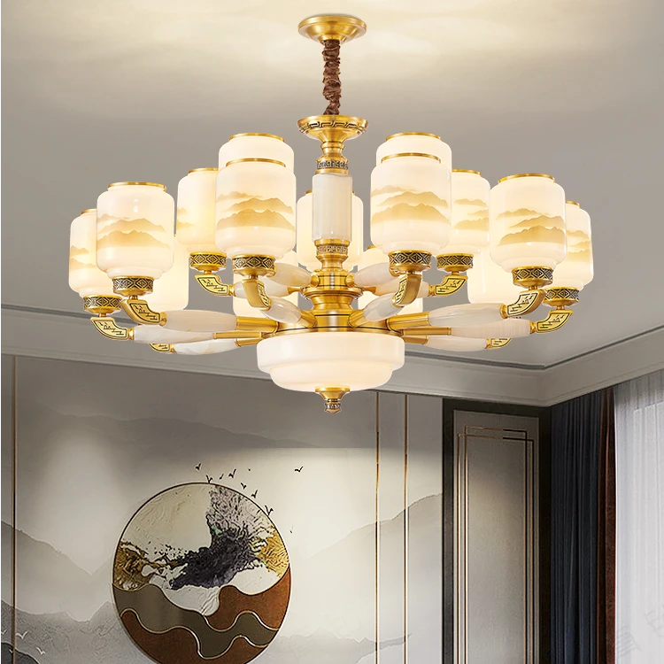 全铜新中式客厅餐厅新款中国风高档大气卧室别墅玉石吸吊两用灯具