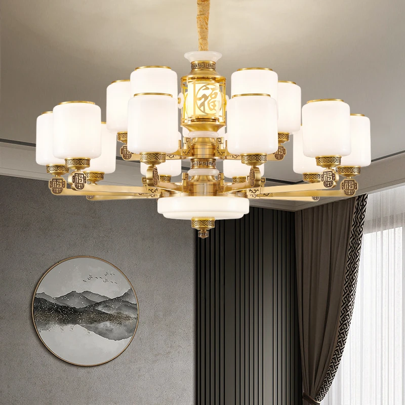 新中式全铜客厅吊灯家用大气别墅大厅灯国风禅意餐厅书房卧室灯具