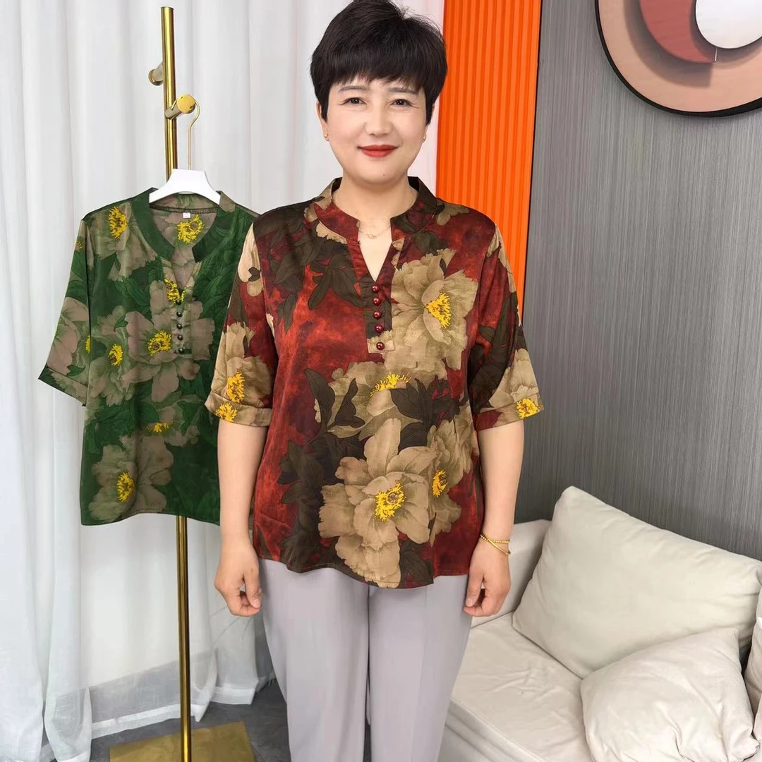 2024夏季新款复古印花中袖妈妈装时尚百搭宽松显瘦中老年上衣