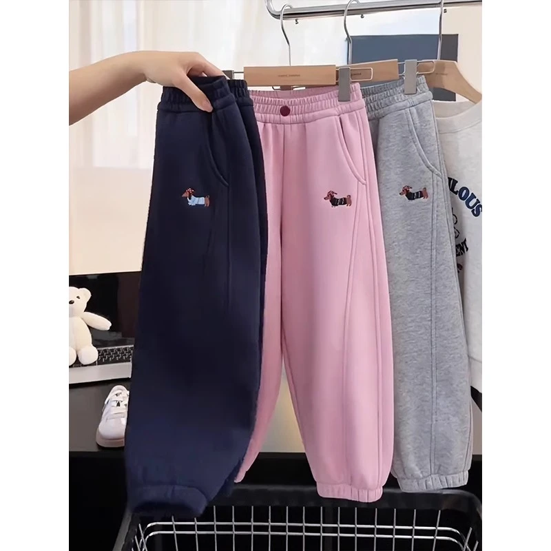 女童加绒弯刀裤秋冬2024新款儿童卡通休闲裤子韩版女孩束脚裤洋气