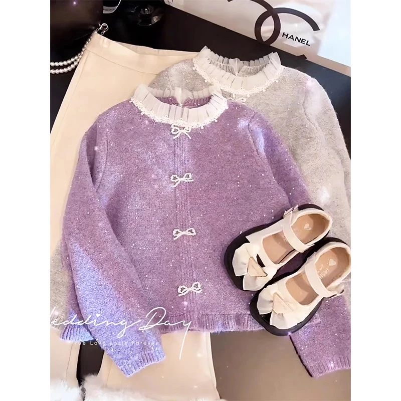 女童毛衣秋冬2024新款儿童花边领珍珠上衣韩版女孩针织打底衫洋气