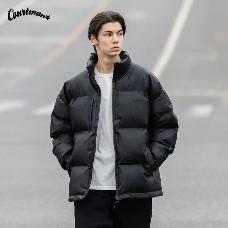 COURTMAN/野球帝水洗PU棉服秋冬加厚保暖男女面包立领外套宽松