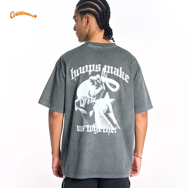 COURTMAN/野球帝hoops手势重燃激情重水洗做旧短袖2024春夏美式潮