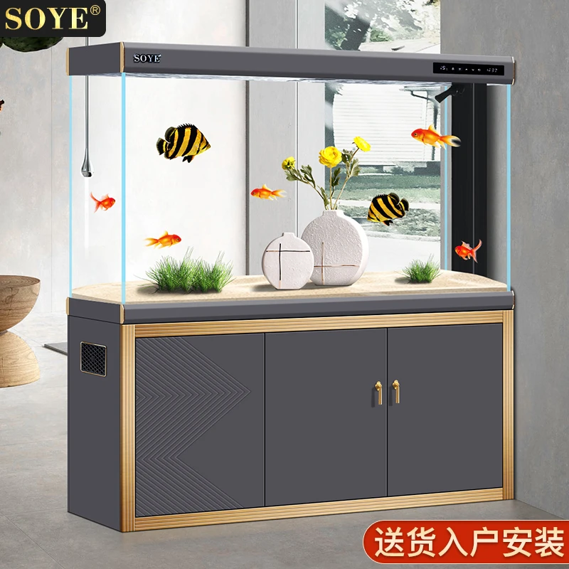 索一鱼缸家用客厅大型玻璃底滤生态轻奢水族箱懒人超白智能金鱼缸