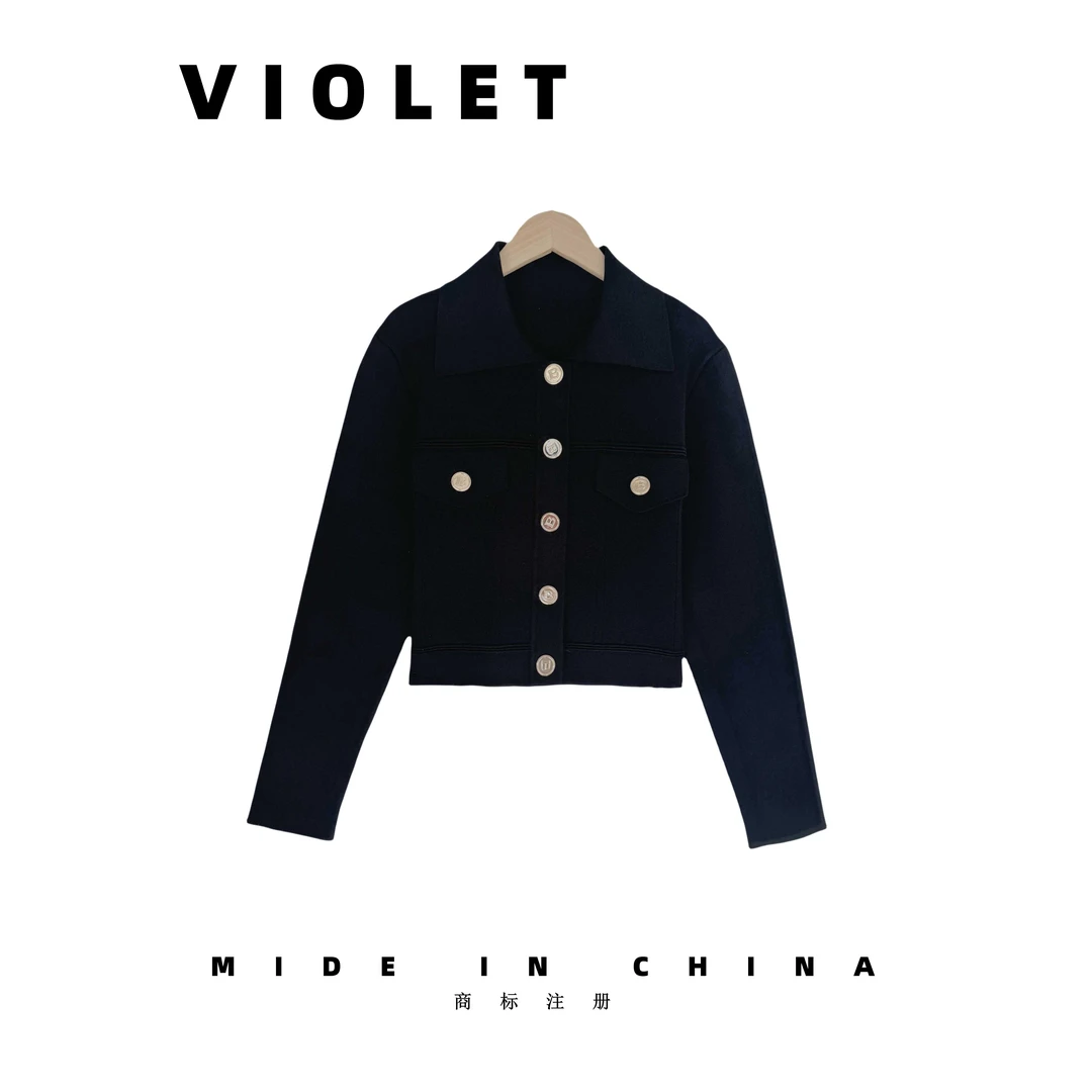 TD 南油高端女装简约通勤长袖金属纽扣翻领开衫针织短外套2830101