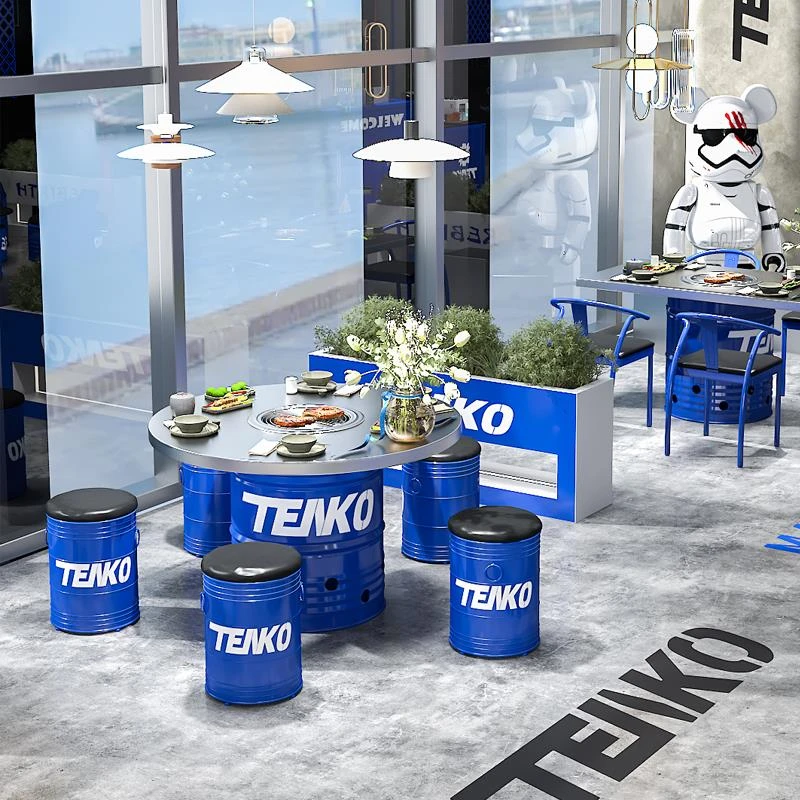 潮店工业风油桶沙发咖啡厅酒吧健身房接待休息区创意铁艺茶几桌椅