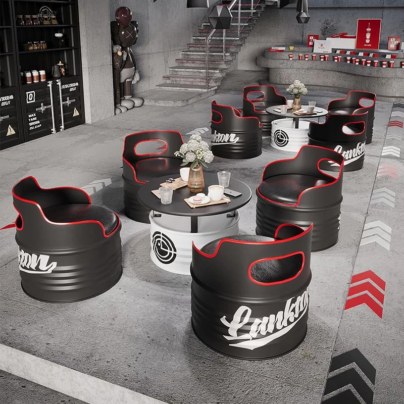 工业风网红油桶卡座酒吧健身房休息区奶茶咖啡4S店接待洽谈桌椅