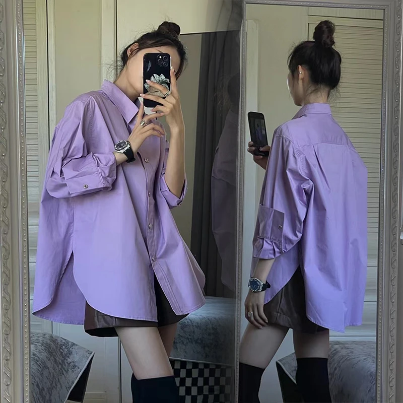 紫色衬衫女2023秋冬季新款韩版设计感小众洋气宽松别致叠穿衬衣潮