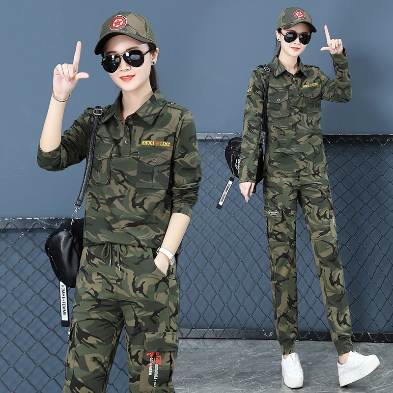春秋季翻领时尚迷彩休闲运动套装女士纯棉韩版宽松显瘦大码长袖潮