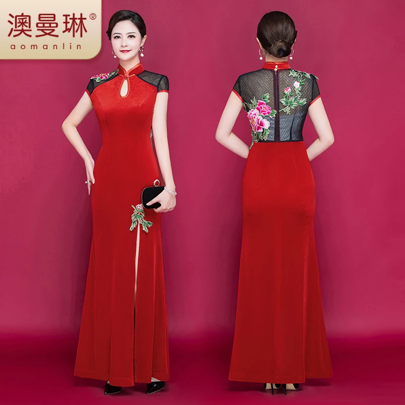 澳曼琳旗袍优雅宴会修身刺绣旗袍走秀洋气款旗袍夏季气质