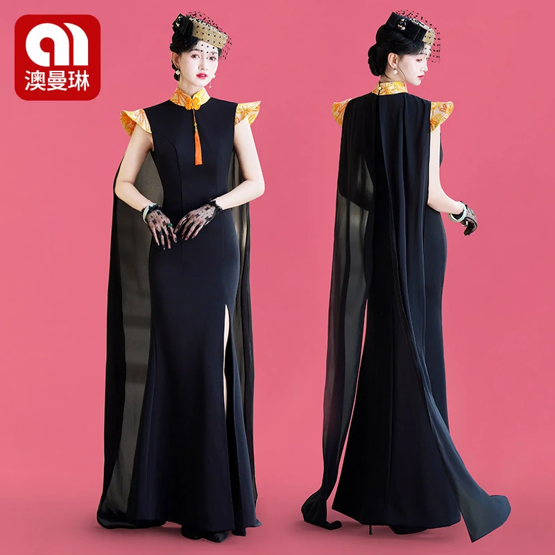 澳曼琳2025新款改良旗袍中国风修身长款走秀飘纱舞台演出高端礼服