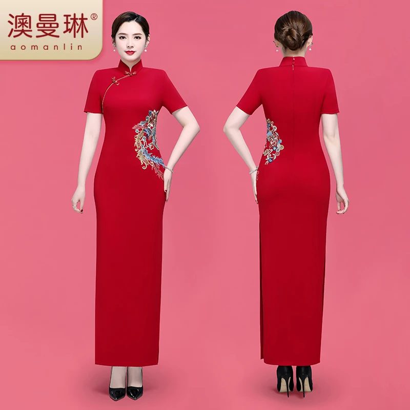 aomanlin/澳曼琳高档国风凤穿牡丹长款中式走秀旗袍改良喜妈妈款