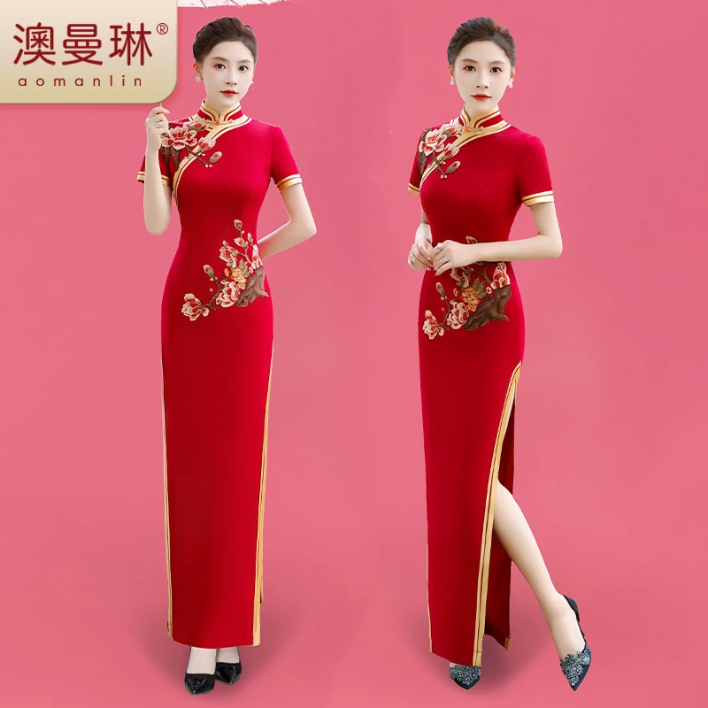 新款金色满园新中式改良新娘敬酒服高端走秀舞台演出旗袍