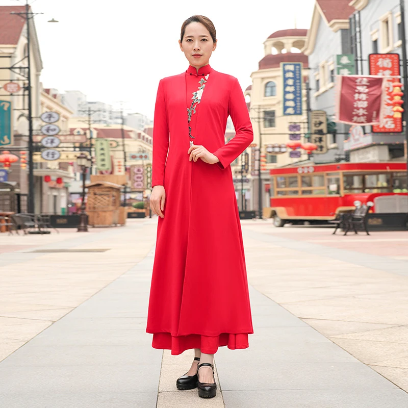 新款中国风改良修身长款风衣飘纱舞台演出礼服