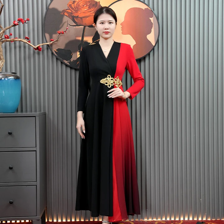 中国风改良旗袍高端优雅修身拼接款走秀款旗袍礼服显瘦气质高贵