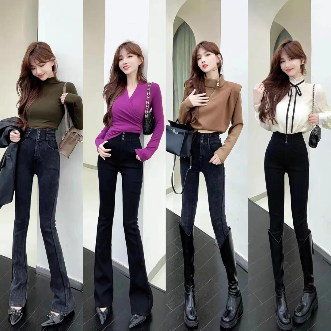 卡卡女装官方旗舰正品万能百搭收腰腿精小黑裤高腰显瘦微喇牛仔裤