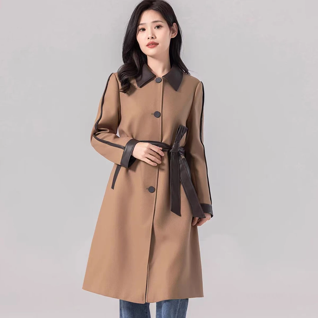 时尚撞色翻领气质收腰显瘦中长款风衣外套F592/AB