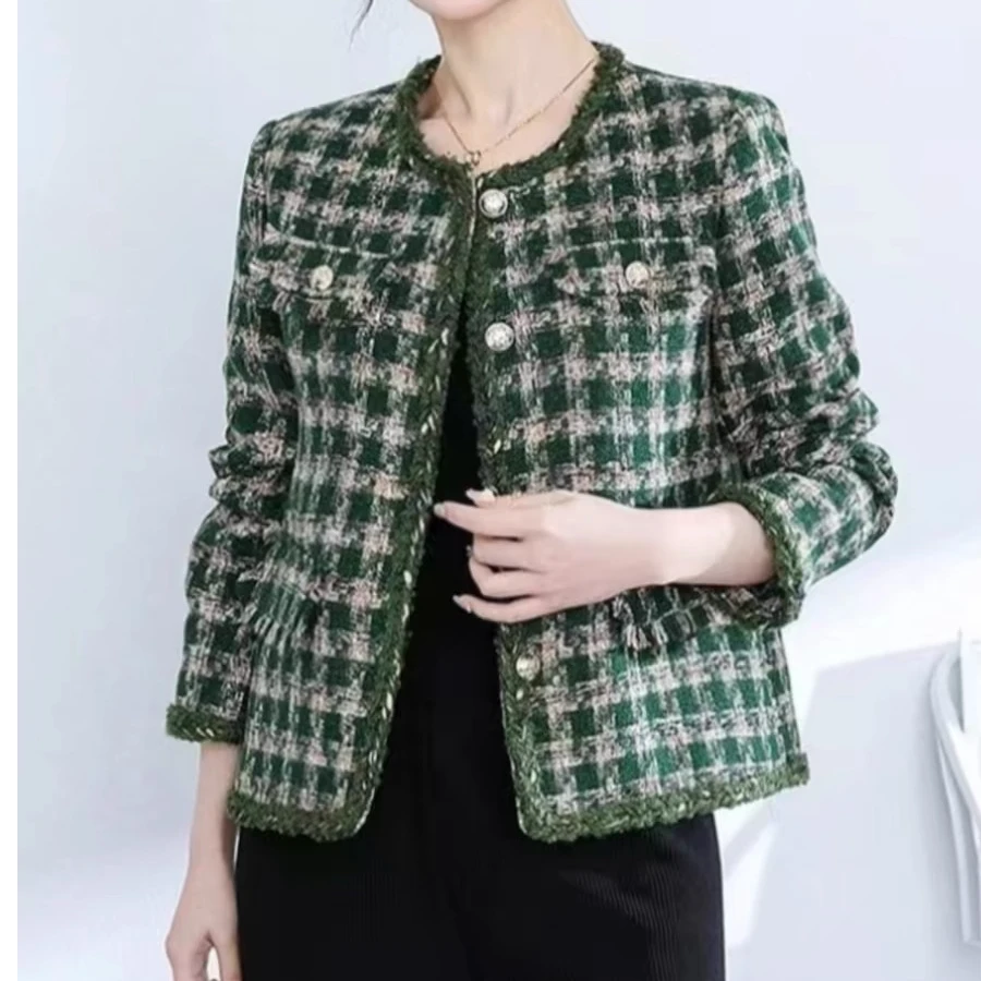 秋冬小香风气质洋气时尚格子上衣女外套W001（绿色）AB
