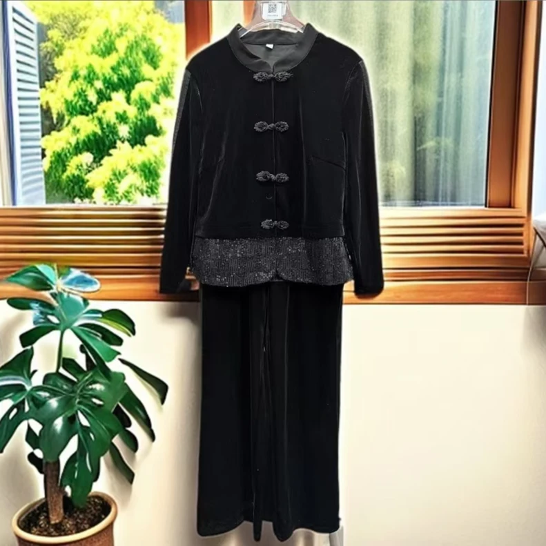 T313气质网红时尚新中式黑色复古双面金丝套裤