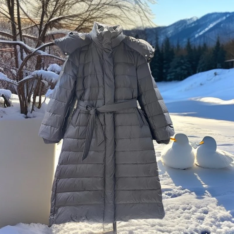 2024冬季新款带帽长款羽绒服气质显瘦收腰款连帽90白鸭绒保暖外套