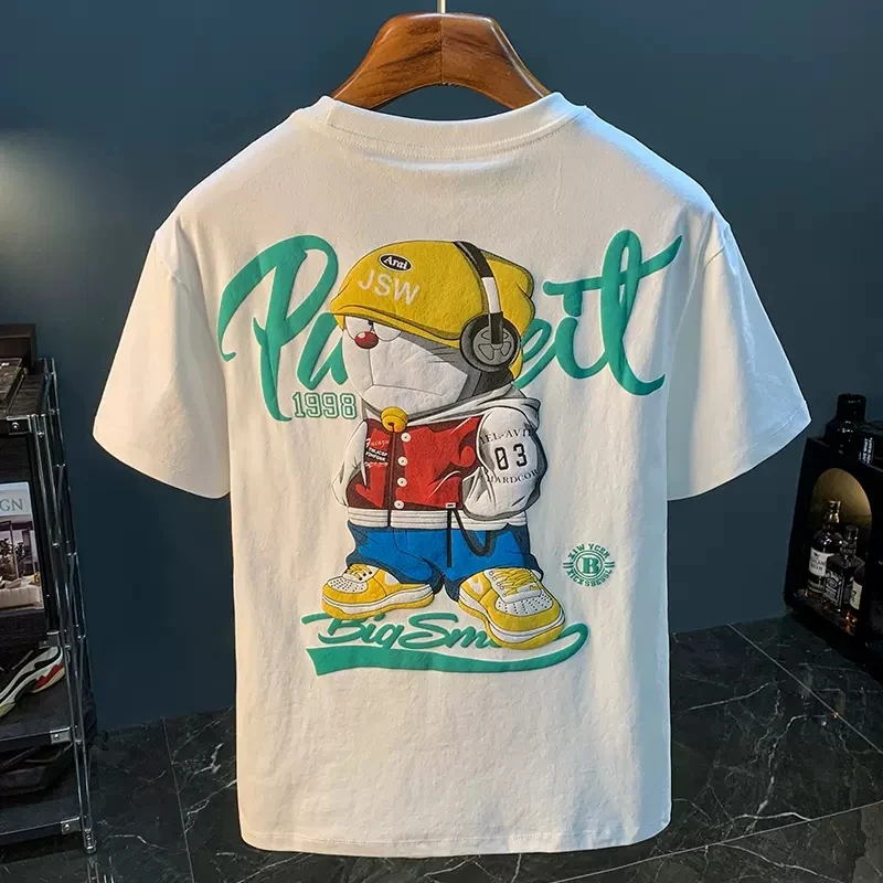 叮当猫印花短袖T恤男2025年情侣百搭半袖舒适上衣圆领卡通t恤衫男