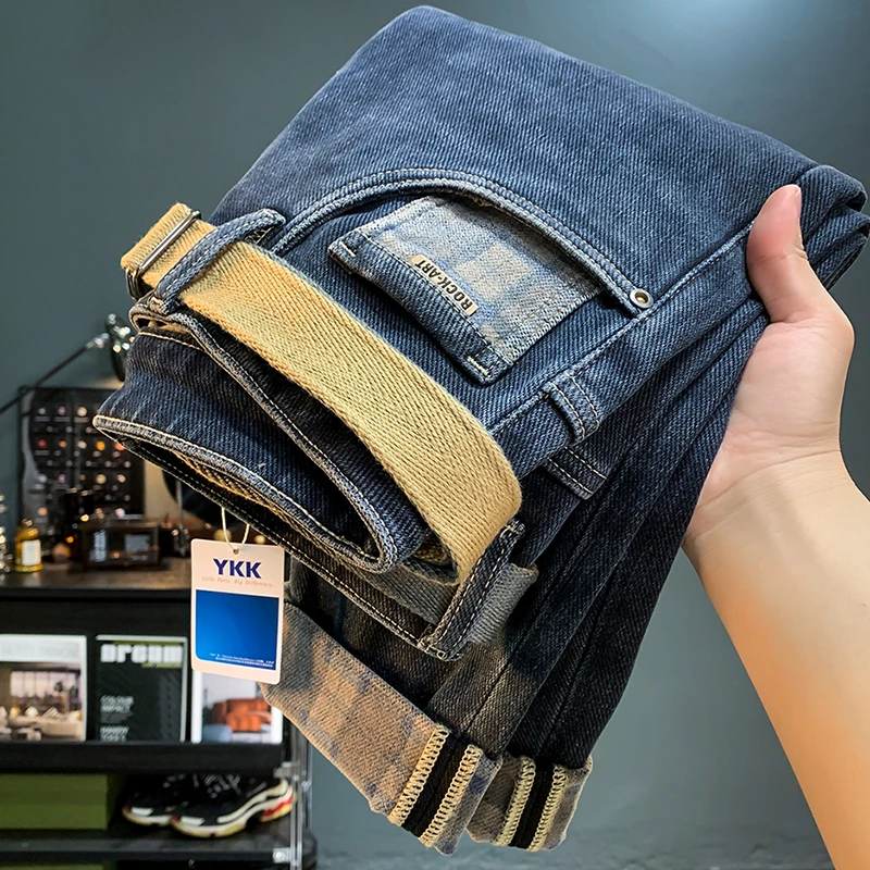 高端印花抓绒牛仔裤男2024年秋冬季潮流厚款长裤合体修身男士裤子