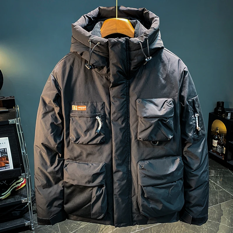 户外重磅短款百鸭绒工装羽绒服男2024年百搭冬季厚实保暖连帽外套