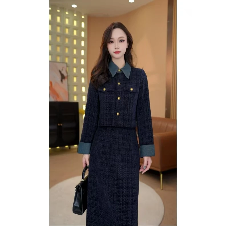 T017万万 复古拼接小香风盐系长袖套装秋冬高腰A字半身裙两件套