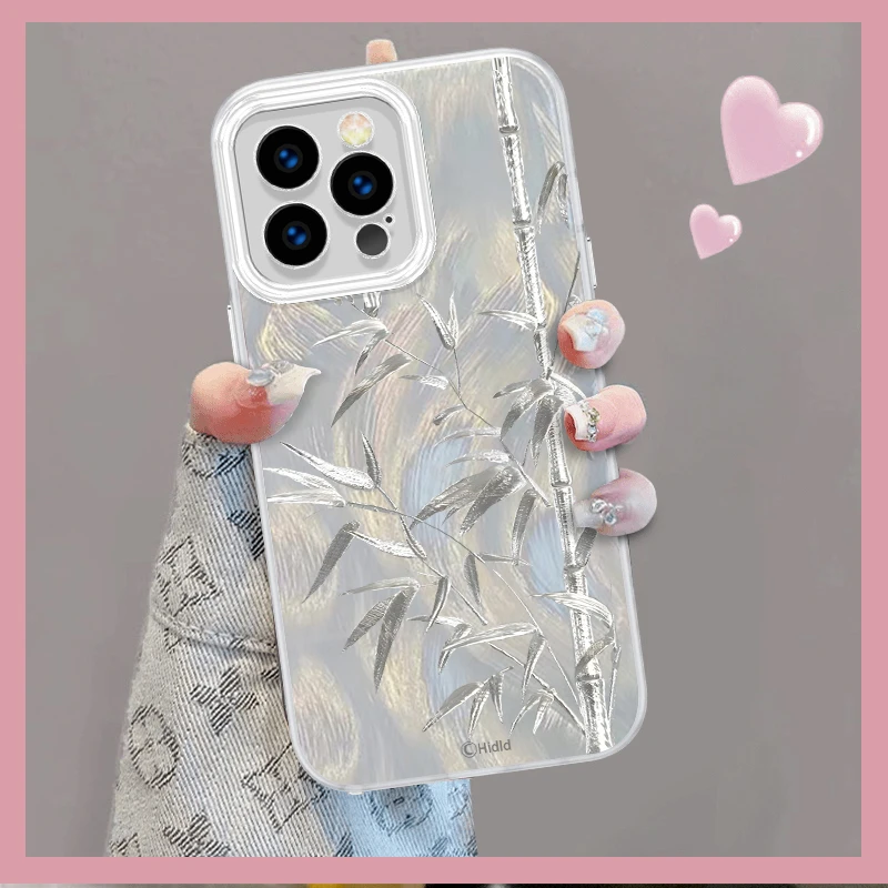 银色小竹子适用苹果16promax手机壳15pro个性14pro小众13/12p羽纱