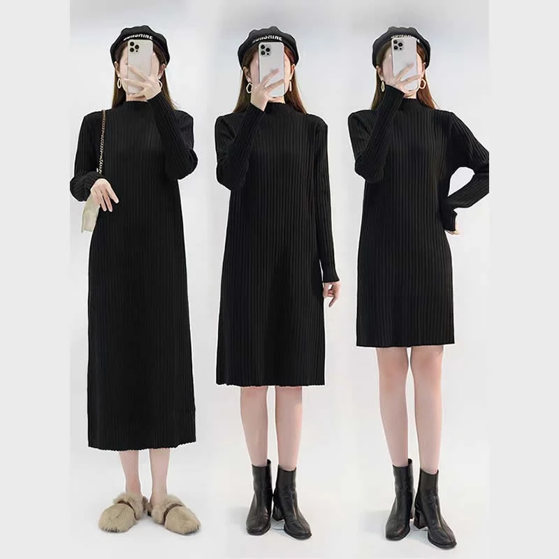 秋冬配大衣毛衣裙女半高领宽松长袖内搭中长款打底过膝针织连衣裙