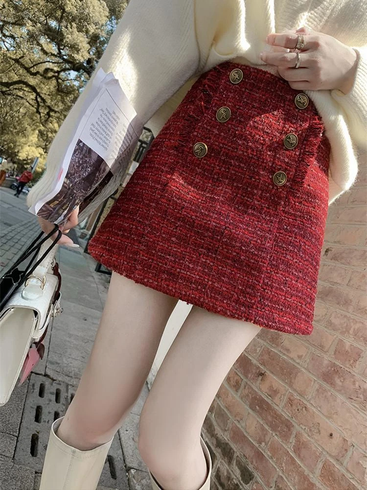 小香风半身裙女冬季大码新款高级感粗花毛呢高腰红色a字包臀短裙