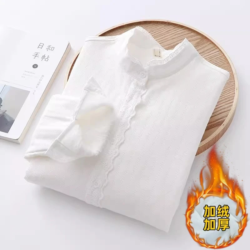 韩版蕾丝花边小立领纯棉内搭加绒长袖衬衫女宽松气质白色打底衬衣