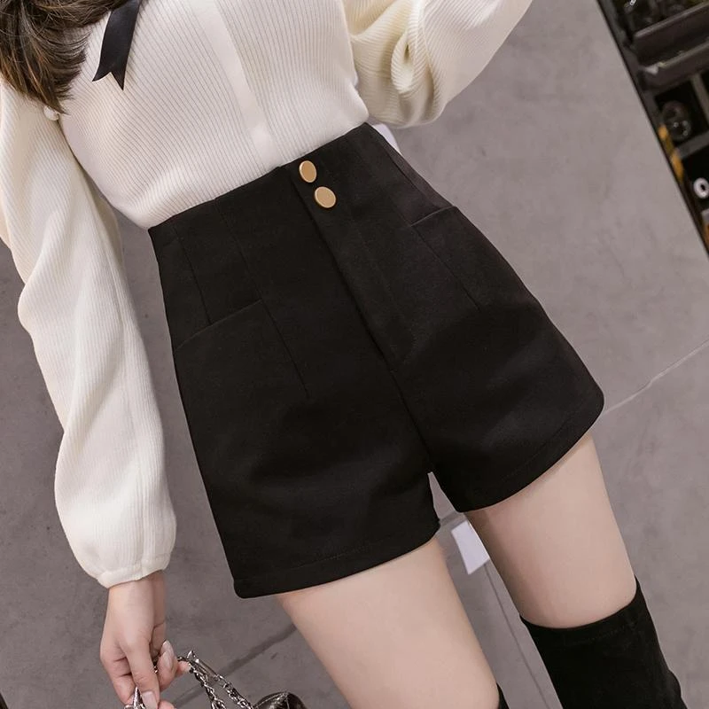 高腰黑色西装短裤女秋冬2023新款小个子外穿a字打底毛呢加厚靴裤