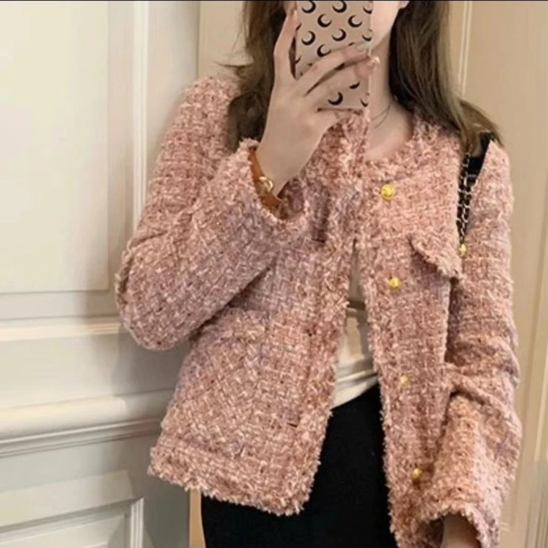粉色复古小香风外套女短款秋季新款高级感气质名媛粗花呢上衣