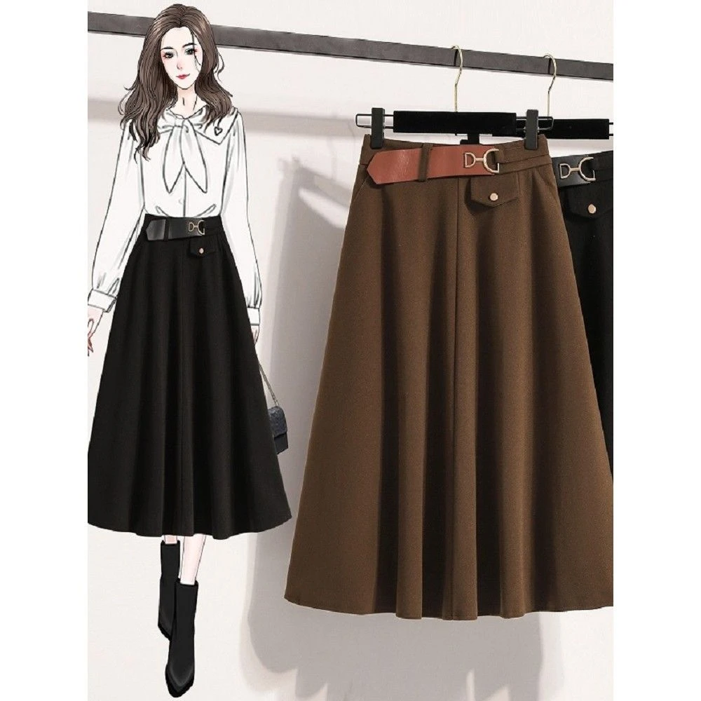 咖色a字半身裙女秋冬季2024新款高腰遮胯毛呢小个子春秋中长伞裙