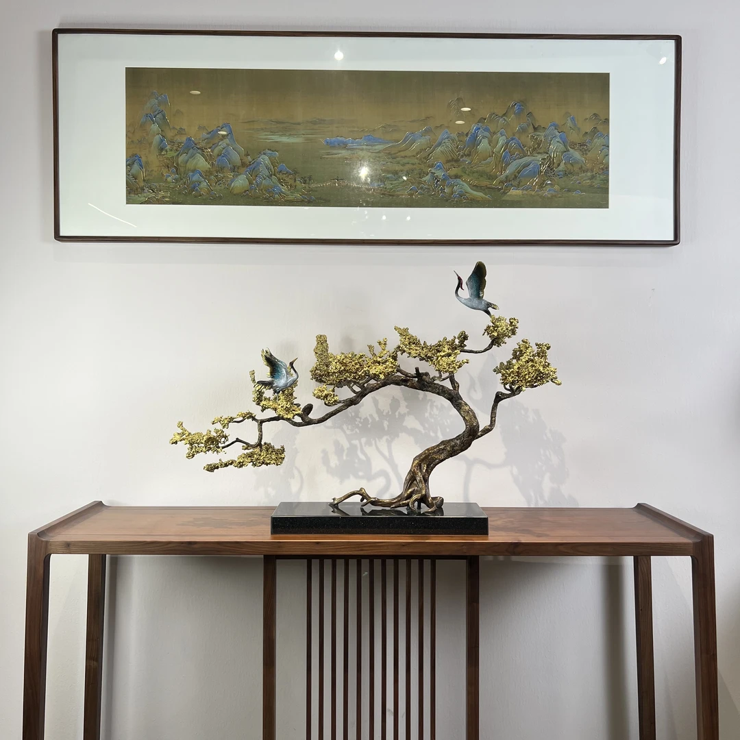 全铜摆件《松鹤延年》家居饰品迎客松工艺品 乔迁礼品 玄关摆件装饰