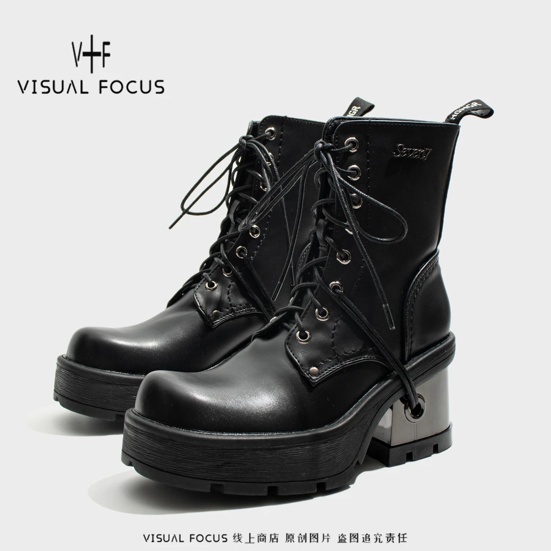 Visual focus 高跟马丁靴女粗跟暗黑哥特风y2k短靴绑带秋冬机车靴