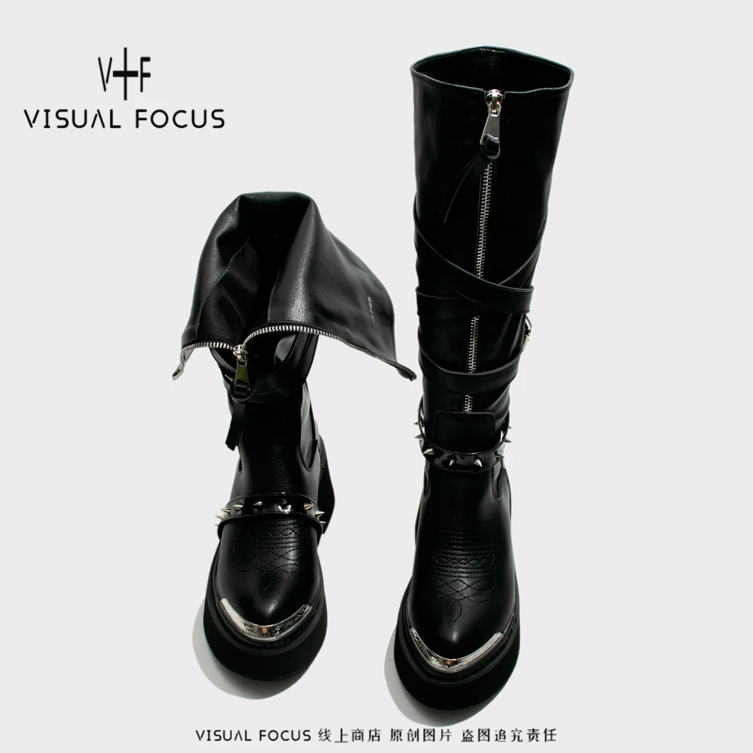 Visual focus 铆钉重金属高筒靴女y2k港潮朋克松糕厚底长筒时装靴