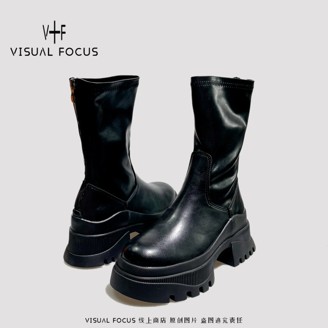 Visual focus 原创粗跟瘦瘦靴女2024年春秋季弹力靴子厚底马丁靴
